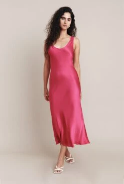 Palm Hot Pink Satin Slip Midi Dress Hot Pink