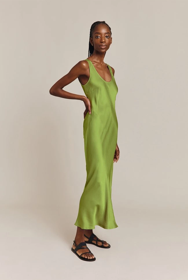 Palm Satin Slip Midi Dress Olive 3 Palm Satin Slip Midi Dress Olive
