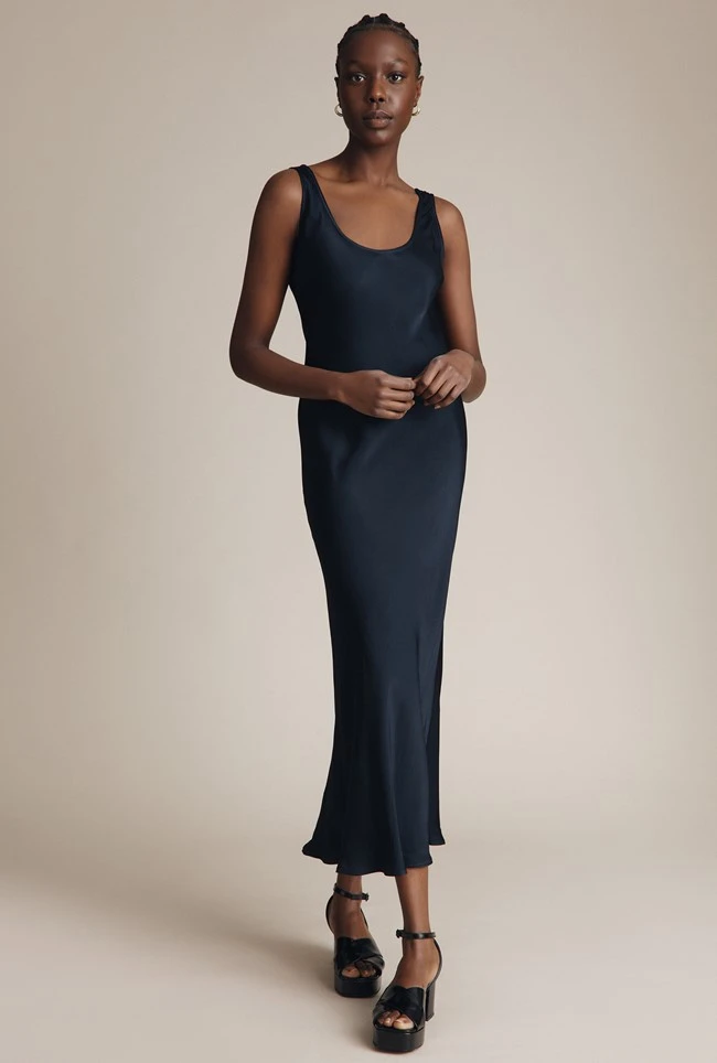 Palm Satin Slip Midi Dress Navy 3 Palm Satin Slip Midi Dress Navy
