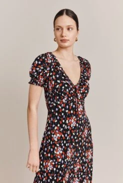 Kaylee Black Floral Print Midi Dress Black Umbrella Flowers