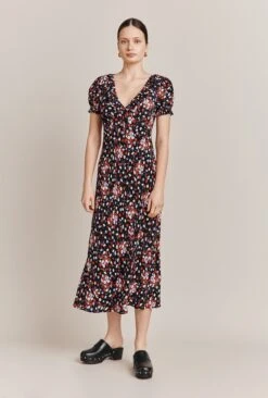 Kaylee Black Floral Print Midi Dress Black Umbrella Flowers -Ghost Fashion Store D06G025 Z28 27354 650px 964px