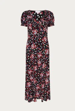 Kaylee Black Floral Print Midi Dress Black Umbrella Flowers -Ghost Fashion Store D06G025 Z28 27356 650px 964px