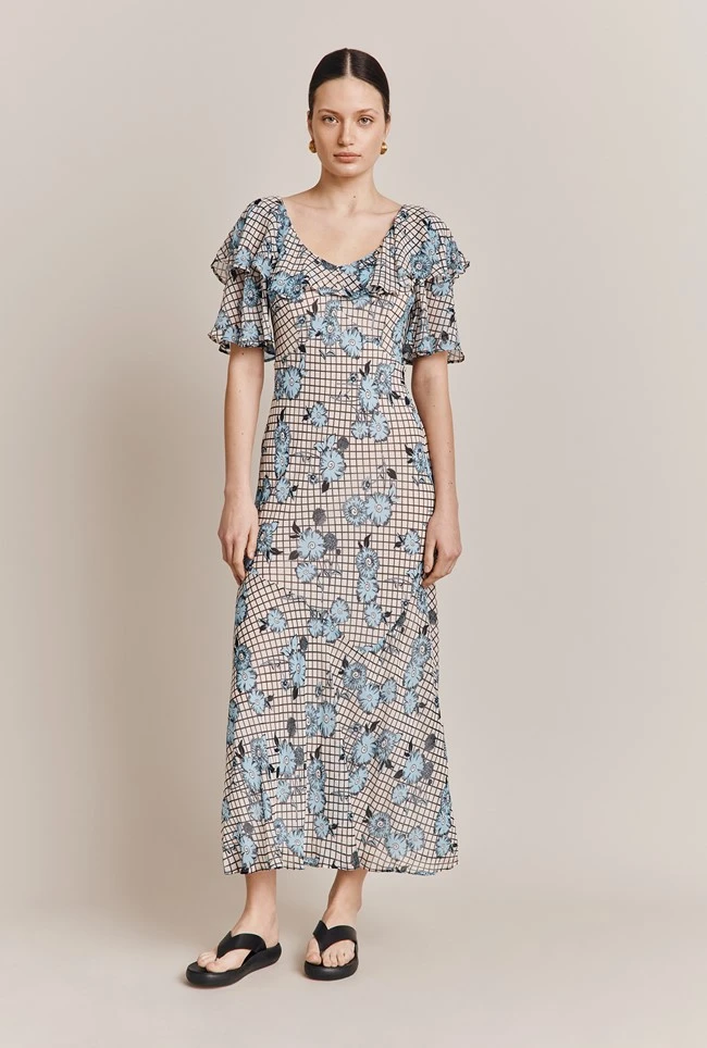 Birdie Crepe Midi Dress Blue Gingham 5 Birdie Crepe Midi Dress Blue Gingham - Image 3
