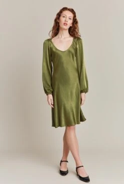 Josephine Satin Knee Length Dress Olive