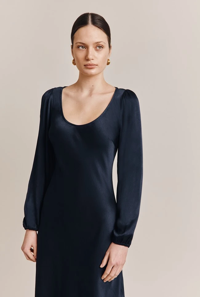 Josephine Satin Knee Length Dress Navy 5 Josephine Satin Knee Length Dress Navy - Image 3