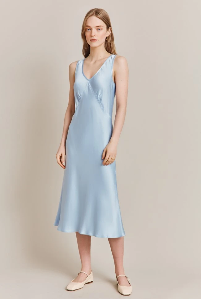 Summer Satin Midi Dress Chambray Blue 3 Summer Satin Midi Dress Chambray Blue