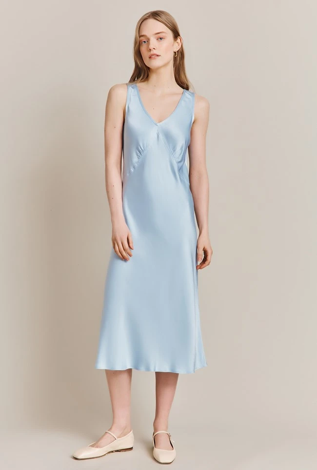 Summer Satin Midi Dress Chambray Blue 4 Summer Satin Midi Dress Chambray Blue - Image 2