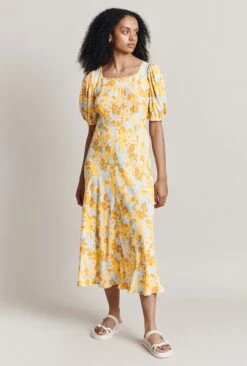 Celina Crepe Midi Dress Yellow Floral -Ghost Fashion Store D06G109 Z68 28437 650px 964px