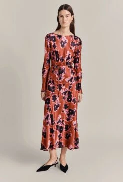 Christine Satin Midi Dress Rust Ikat Print -Ghost Fashion Store D07G025 Z74 29419 650px 964px