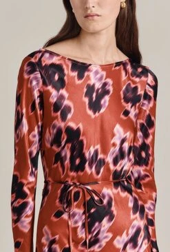 Christine Satin Midi Dress Rust Ikat Print -Ghost Fashion Store D07G025 Z74 29493 650px 964px