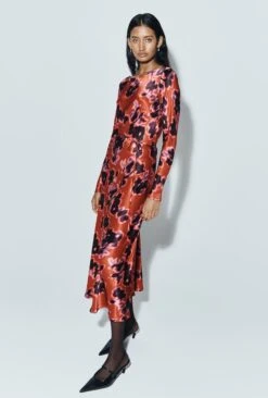 Christine Satin Midi Dress Rust Ikat Print