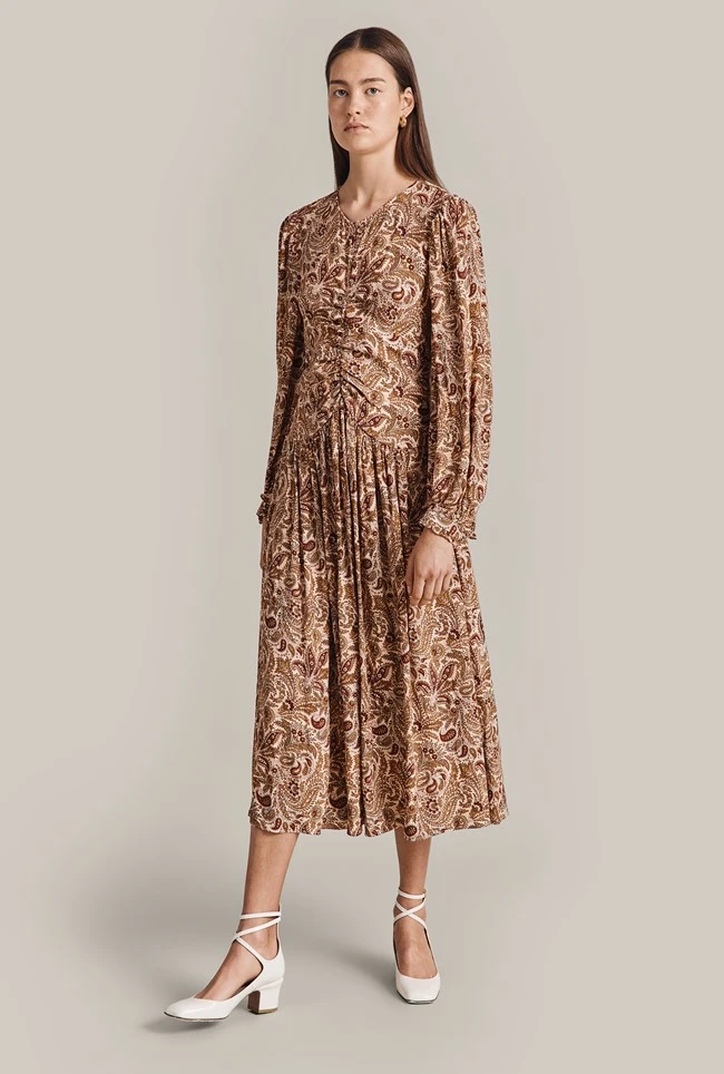Ava Crepe Midi Dress Khaki Paisley 5 Ava Crepe Midi Dress Khaki Paisley - Image 3