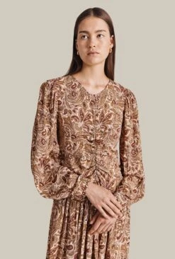 Ava Crepe Midi Dress Khaki Paisley