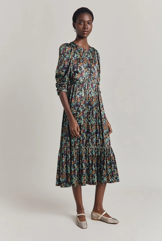 Maya Tiered Satin Midi Dress Green Ikat 4 Maya Tiered Satin Midi Dress Green Ikat - Image 2