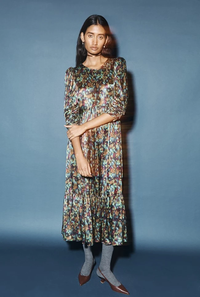 Maya Tiered Satin Midi Dress Green Ikat 3 Maya Tiered Satin Midi Dress Green Ikat