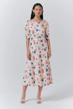 Lenora Satin Floral Belted Midi Dress