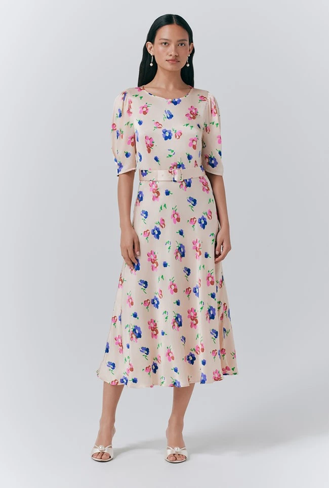 Lenora Satin Floral Belted Midi Dress 3 Lenora Satin Floral Belted Midi Dress