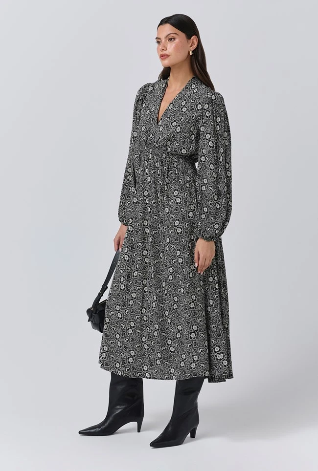 Petal Crepe V Neck Midi Waisted Dress 5 Petal Crepe V Neck Midi Waisted Dress - Image 3