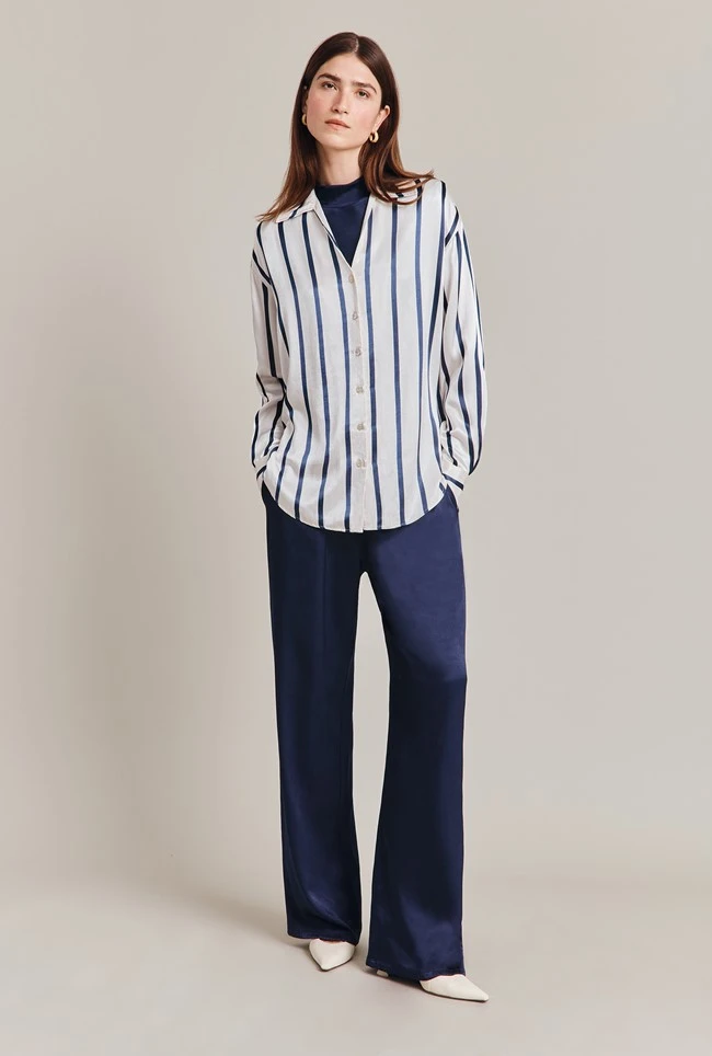 Amy Satin Long Sleeve Shirt Navy Stripe 4 Amy Satin Long Sleeve Shirt Navy Stripe - Image 2