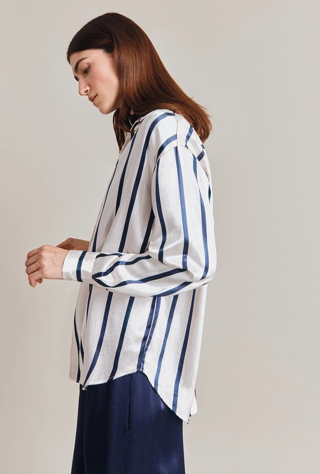Amy Satin Long Sleeve Shirt Navy Stripe 7 Amy Satin Long Sleeve Shirt Navy Stripe - Image 5