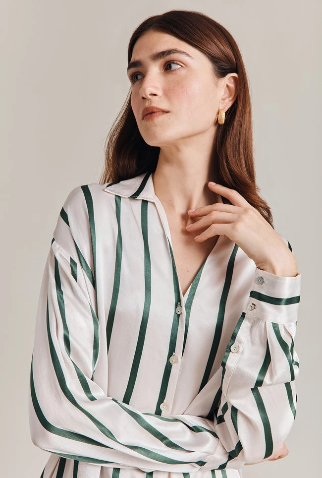 Amy Satin Long Sleeve Shirt Green Stripe 3 Amy Satin Long Sleeve Shirt Green Stripe