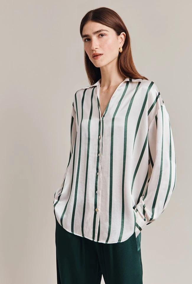 Amy Satin Long Sleeve Shirt Green Stripe 4 Amy Satin Long Sleeve Shirt Green Stripe - Image 2