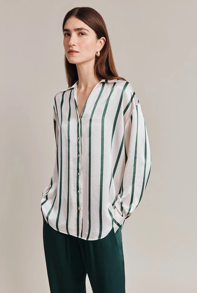 Amy Satin Long Sleeve Shirt Green Stripe 6 Amy Satin Long Sleeve Shirt Green Stripe - Image 4