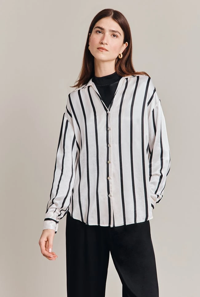 Amy Satin Long Sleeve Shirt Black Stripe 3 Amy Satin Long Sleeve Shirt Black Stripe