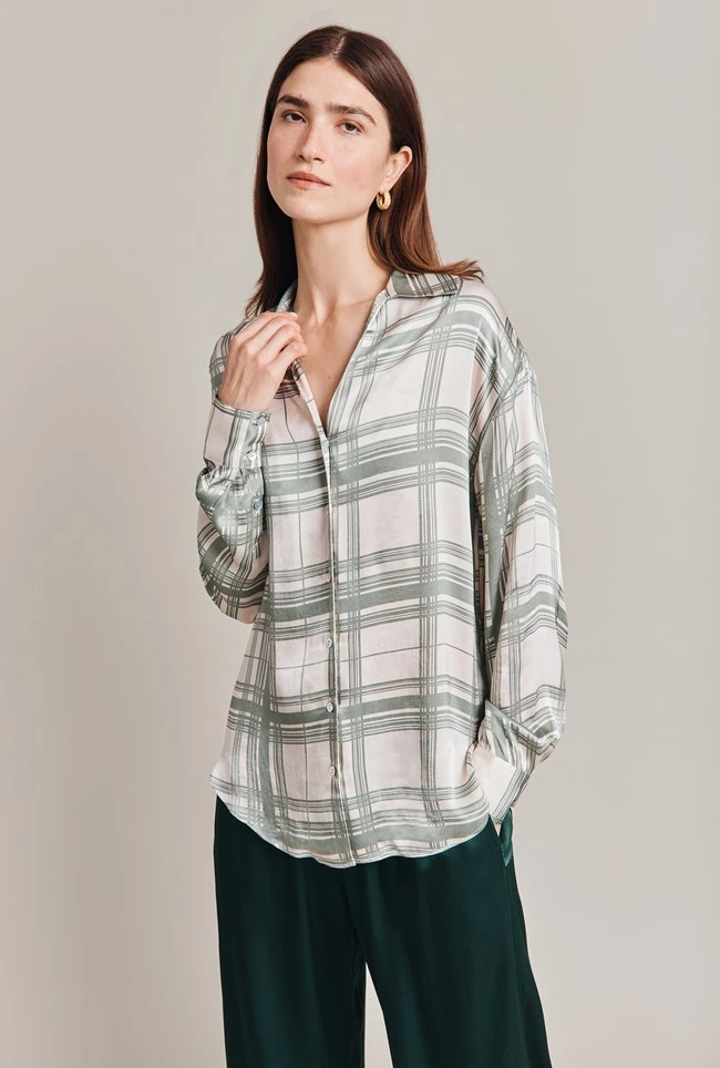 Amy Satin Long Sleeve Shirt Green Check 3 Amy Satin Long Sleeve Shirt Green Check