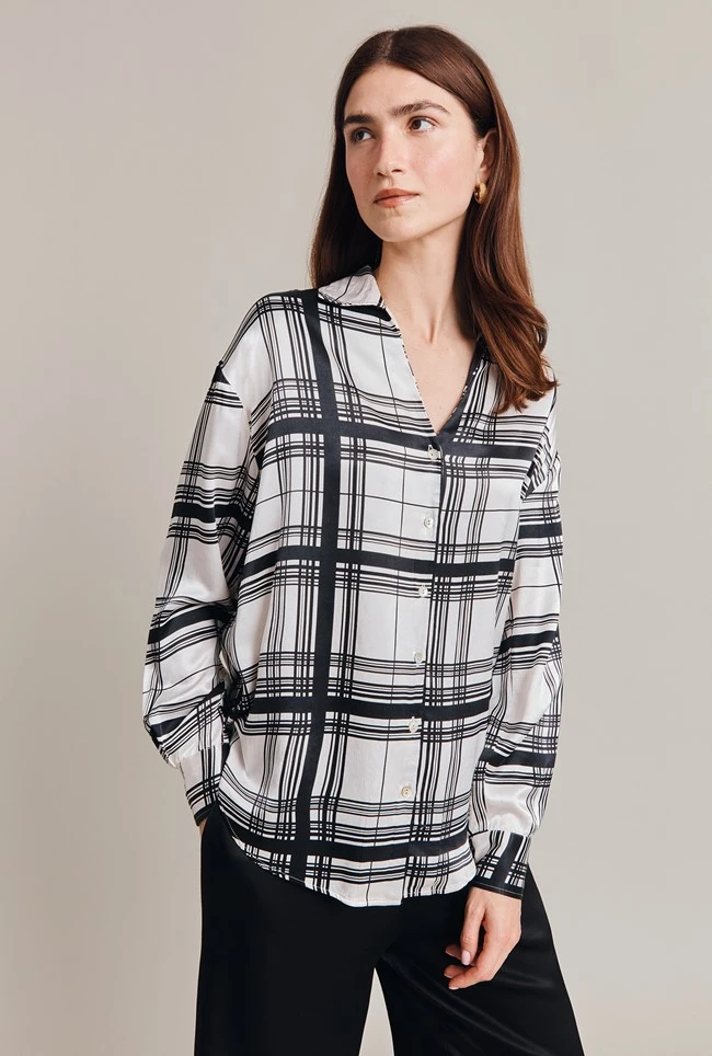 Amy Satin Long Sleeve Shirt Black Check 2 Amy Satin Long Sleeve Shirt Black Check