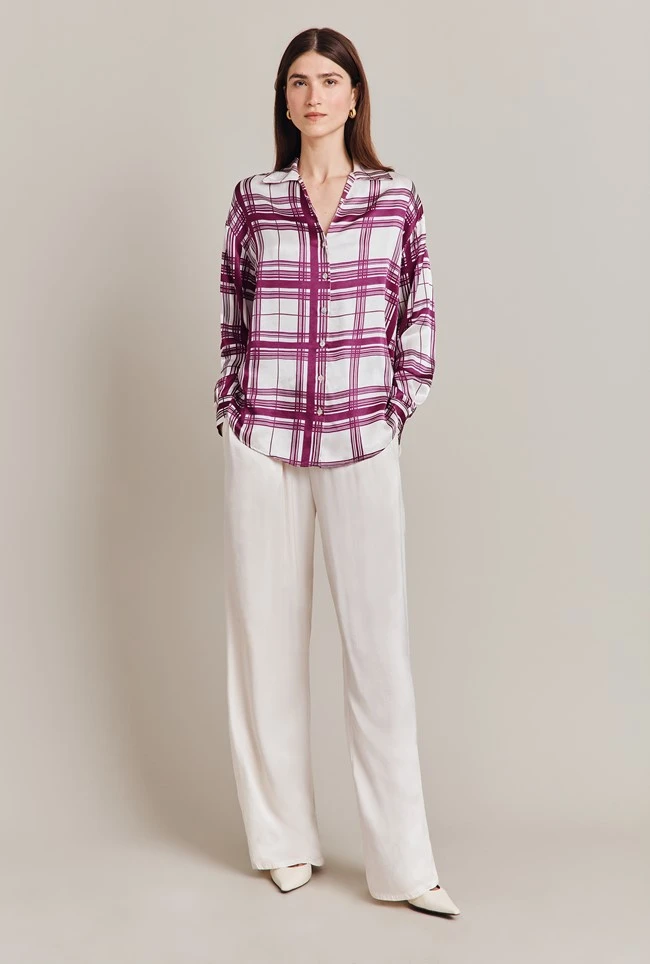 Amy Satin Long Sleeve Shirt Purple Check 4 Amy Satin Long Sleeve Shirt Purple Check - Image 2