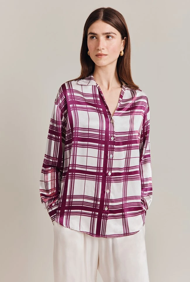 Amy Satin Long Sleeve Shirt Purple Check 3 Amy Satin Long Sleeve Shirt Purple Check