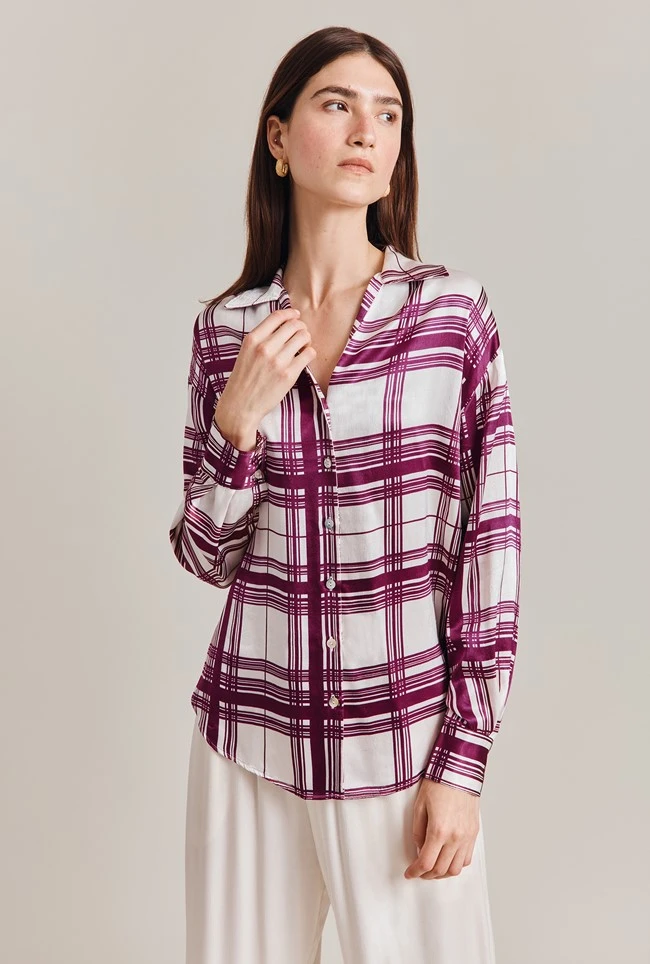 Amy Satin Long Sleeve Shirt Purple Check 5 Amy Satin Long Sleeve Shirt Purple Check - Image 3
