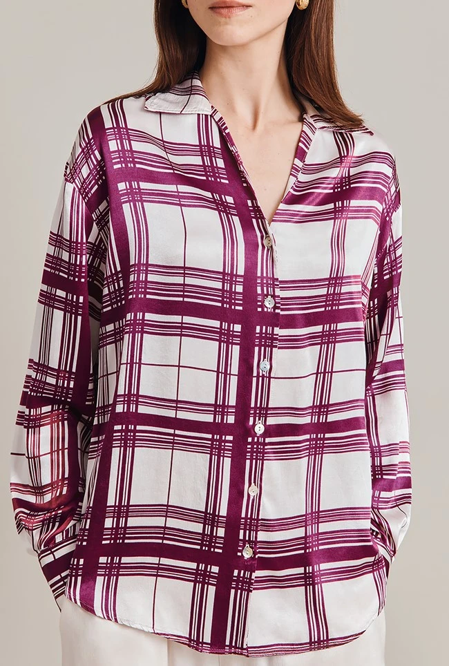 Amy Satin Long Sleeve Shirt Purple Check 7 Amy Satin Long Sleeve Shirt Purple Check - Image 5