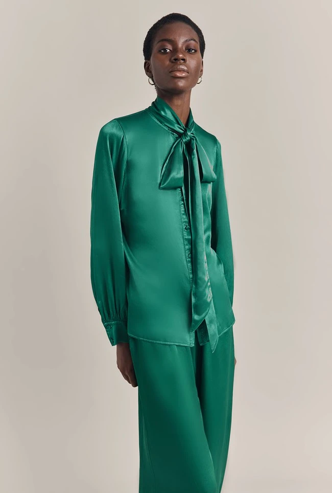 Anna Satin Pussybow Blouse Green 4 Anna Satin Pussybow Blouse Green - Image 2