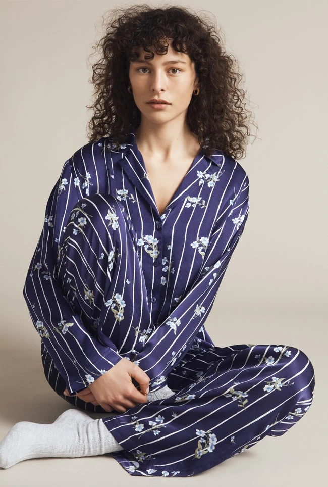 Lara Satin PJ Set Stripe Floral 3 Lara Satin PJ Set Stripe Floral